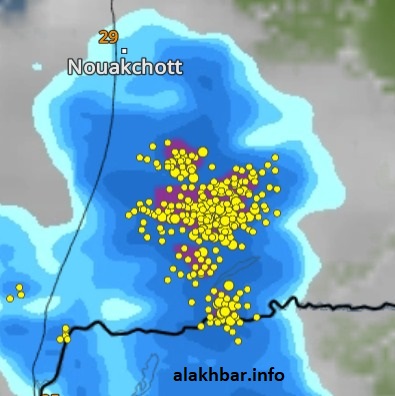 خارطة انتشار السحب الماطرة المتوقعة على ولاية الترارزة ابتداء من مساء اليوم
