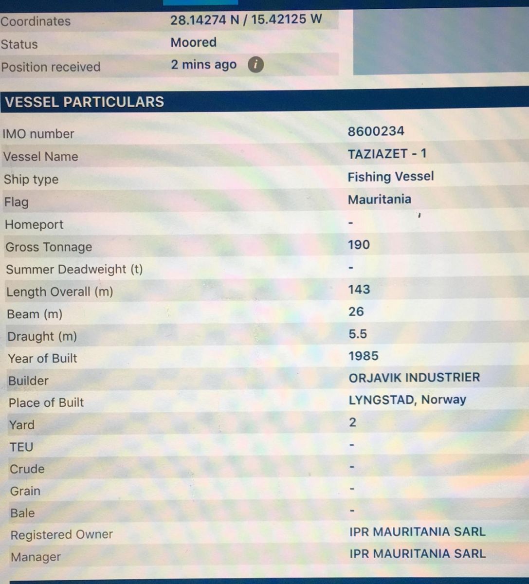 معلومات السفينة، وتبعية السفينة لشركة (صناعة الأسماك والتمثيل التجاري) MAURITANIA SARL IPR 