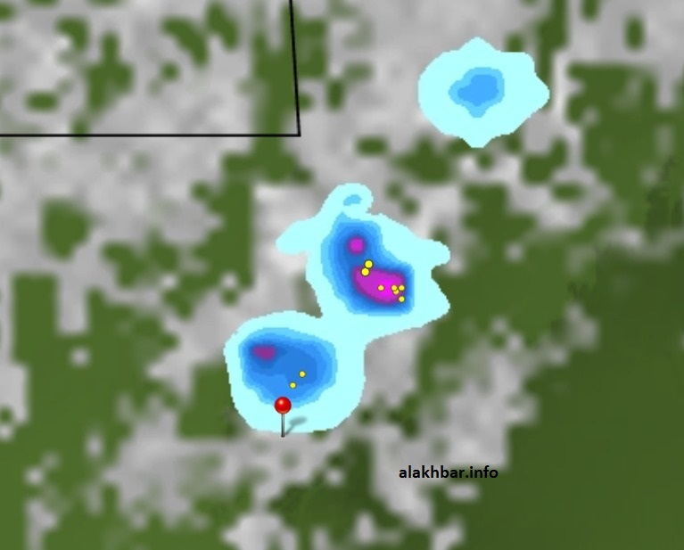 خارطة انتشار السحب الماطرة عند الساعة 17:10، الإشارة عند مدينة أطار