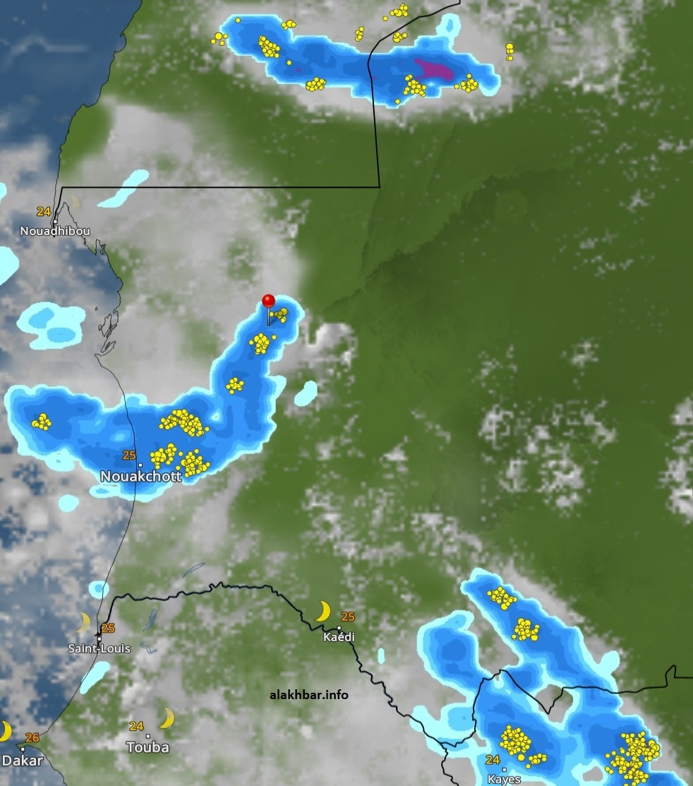 خارطة انتشار السحب الماطرة المتوقعة فجر الاثنين، الإشارة عند مدينة أكجوجت