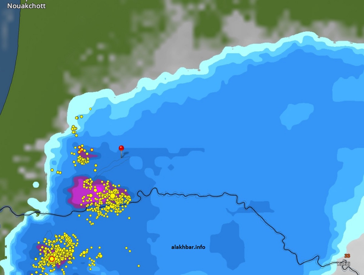 خارطة انتشار السحب الماطرة عند الساعة: 14:30، الإشارة عند مدينة الركيز