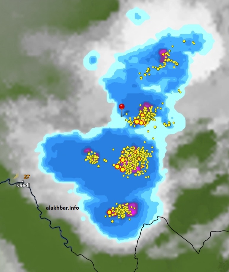 خارطة انتشار السحب الماطرة على غرب تكانت، وجل العصابة، الإشارة عند مدينة كرو