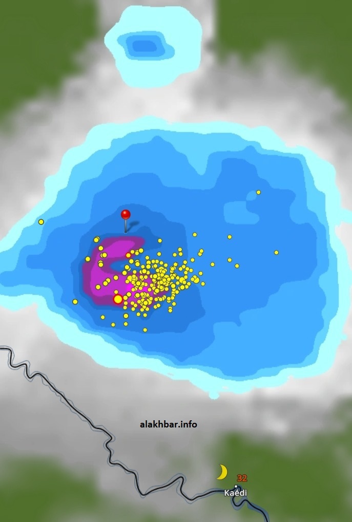 خارطة انتشار السحب الماطرة عند الساعة: 22:35، وهي تتجه نحو حوض النهر أي جنوب البراكنة والترارزة