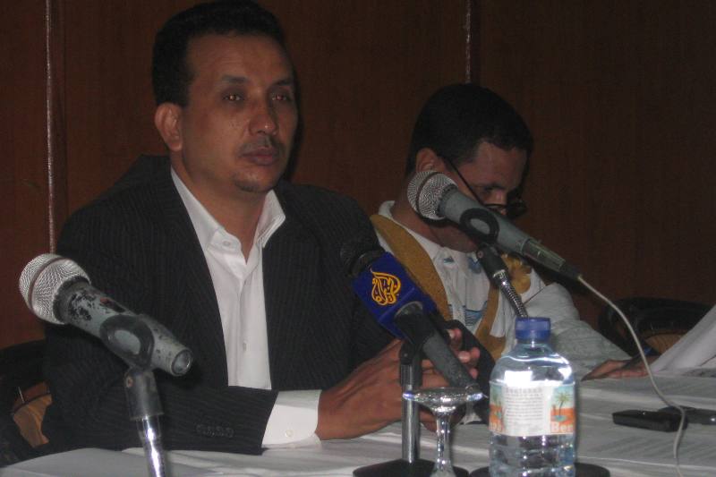 جانب من المؤتمر الصحفي لدفاع المعتقلين في كوانتنامو مساء اليوم (تصوير الأخبار)
