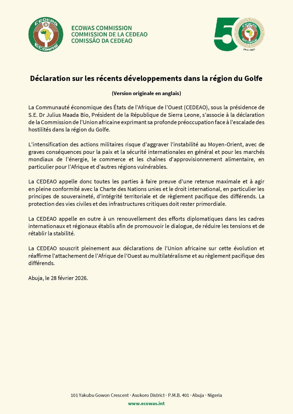 موريتانيا – “الإيكواس” تحذر من تداعيات التصعيد في الشرق الأوسط على الإمدادات الغذائية لأفريقيا