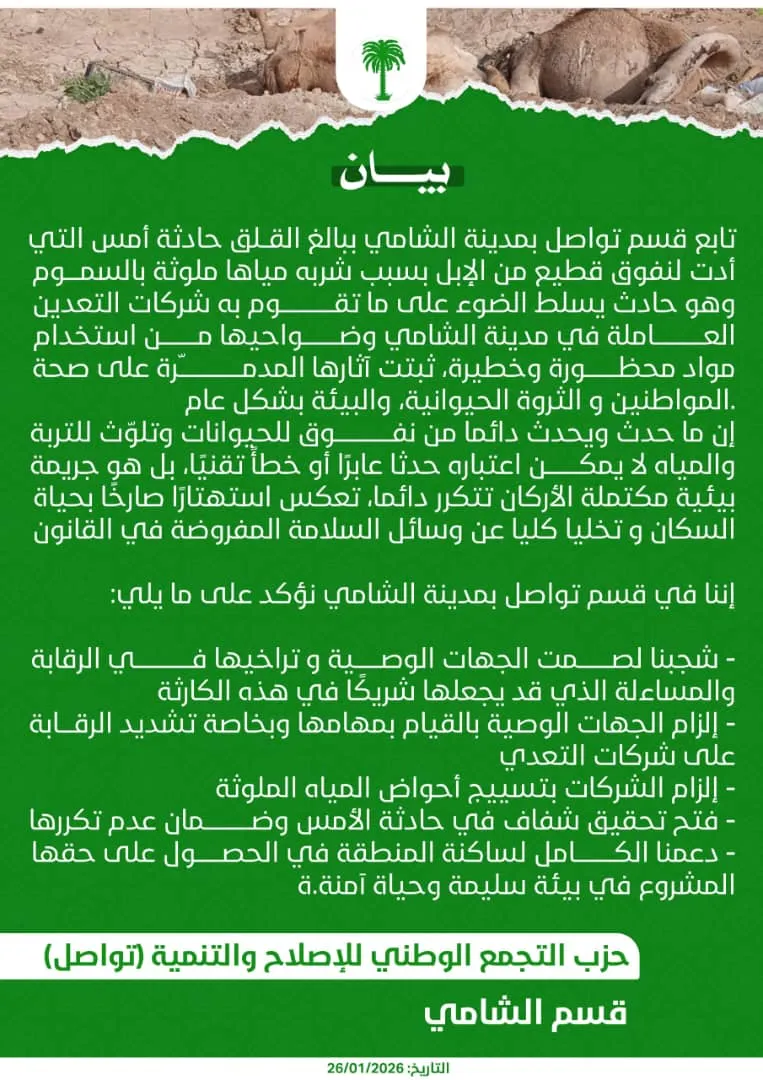 تواصل يطالب بفتح تحقيق في نفوق قطيع إبل بالشامي