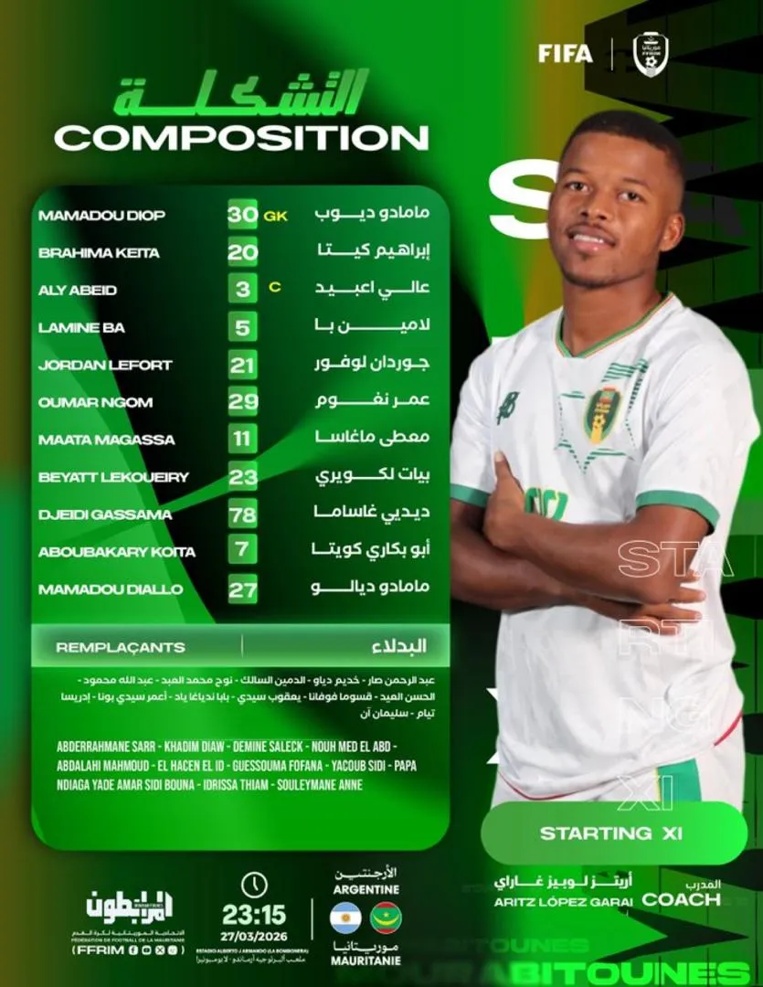 التشكيلة الأساسية للمرابطين أمام منتخب الأرجنتين