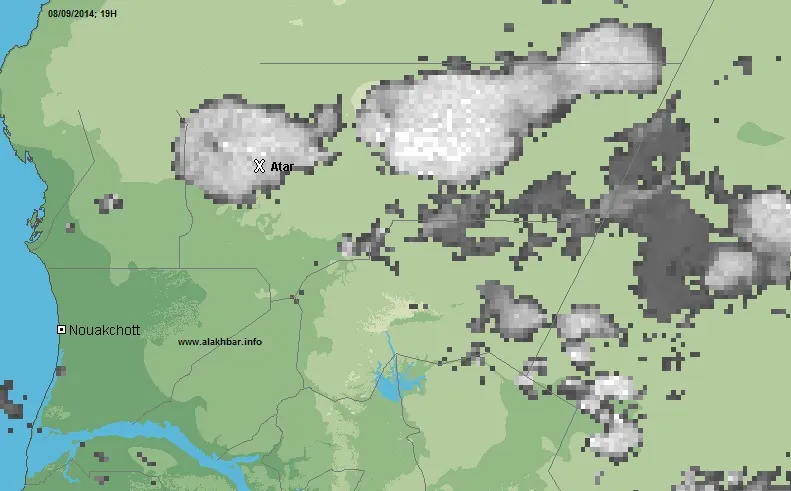 خارطة توزع الامطار عند الساعة السابعة من مساء اليوم 08/09/2014 (الأخبار)