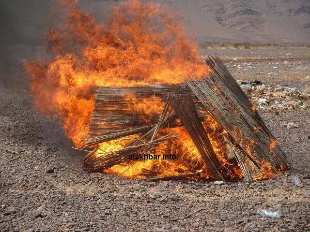 النيران وهي تلتهم كمية المخدرات التي صادرها الجيش من عصابة في منطقة ?