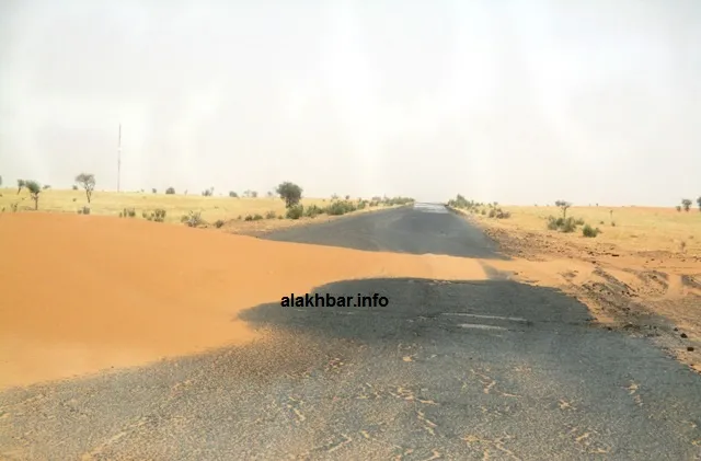 تواصل الرمال زحفها على الطريق من عدة مقاطع، وفي الصورة المقطع الذي ي?
