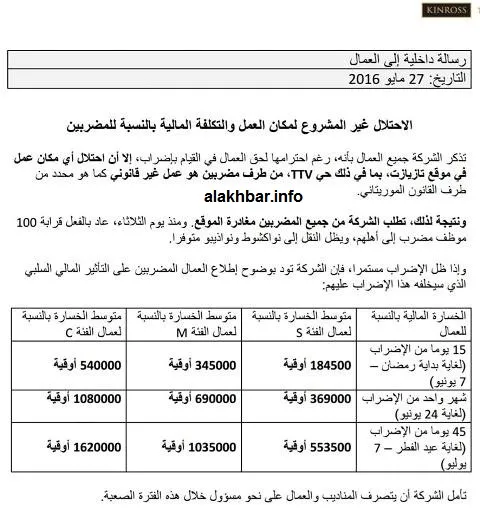 نص رسالة إدارة شركة "تازيازت" لعمالها
