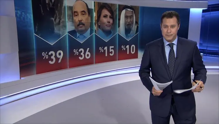مقدم برنامج "سباق الأخبار" الصحفي المصري محمود مراد، وخلفه نتائ
