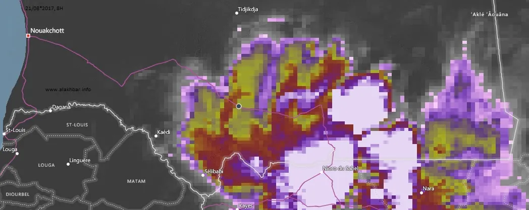 خارطة توزع الامطار صباح اليوم 21 أغسطس عند الساعة الثامنة