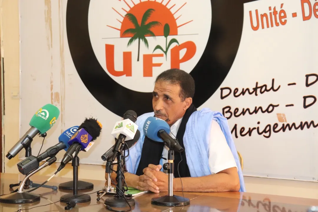 محمد ولد مولود رئيس حزب اتحاد قوى التقدم خلال مؤتمر صحفي اليوم (الأخب