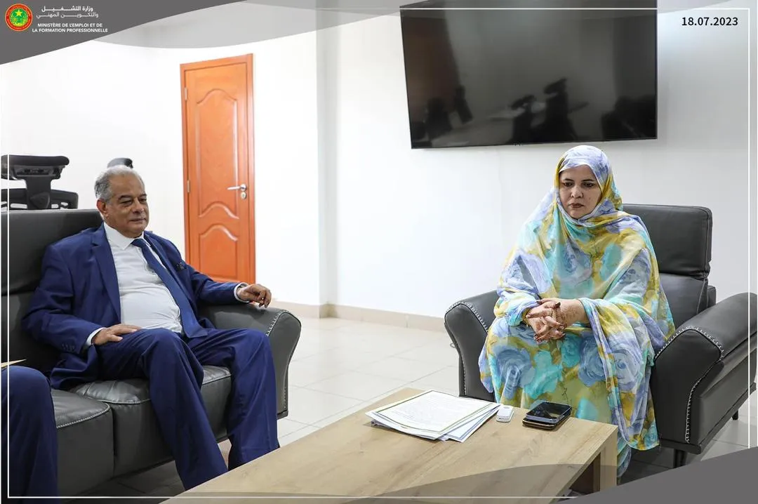 وزيرة التشغيل والتكوين المهني زينب بنت أحمدناه خلال مباحثاتها مع ال?