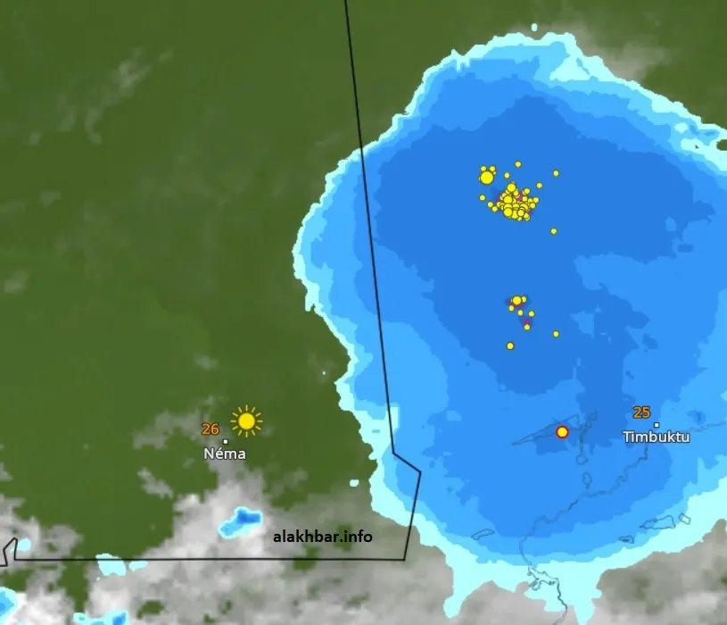 خارطة السحب الماطرة القادمة من منطقة تمبكتو عند الساعة: 09:25