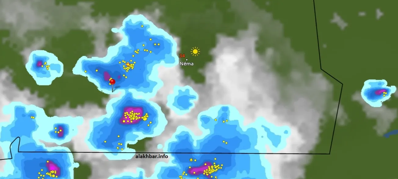 خارطة انتشار السحب الماطرة الساعة 18:50، الإشارة عند مدينة تمبدغة