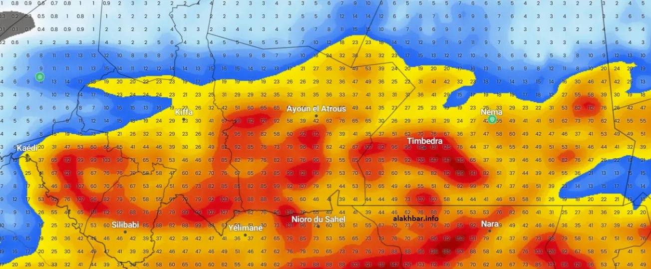 الكمية التراكمية للأمطار المتوقعة من فاتح أغسطس حتى السابع منه