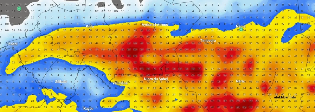 الكمية التراكمية المتوقعة من مساء غد الجمعة، وحتى صباح فاتح أغسطس بإ