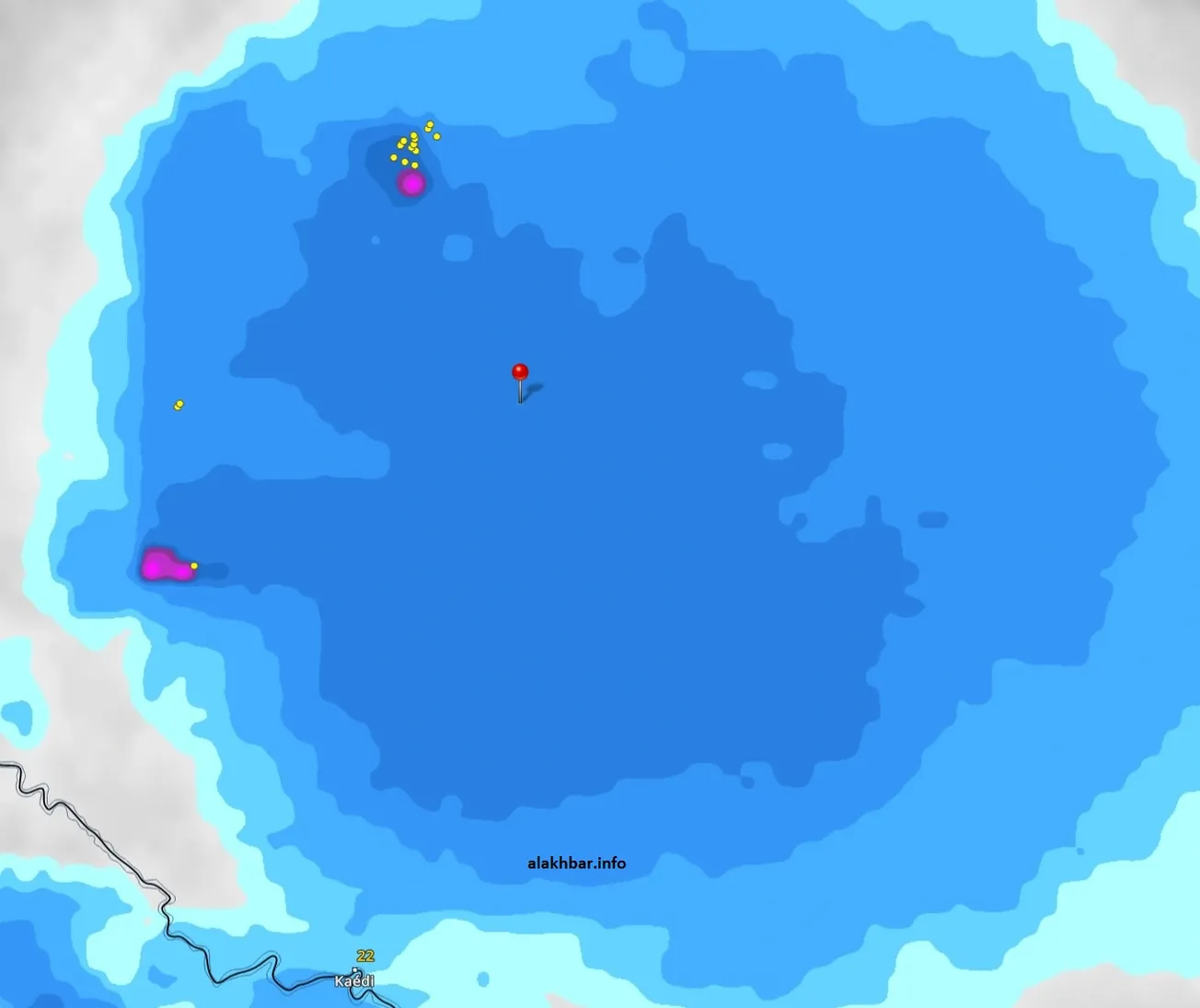 خارطة انتشار السحب عند الساعة: 19:35، الإشارة عند مكطع الحجار