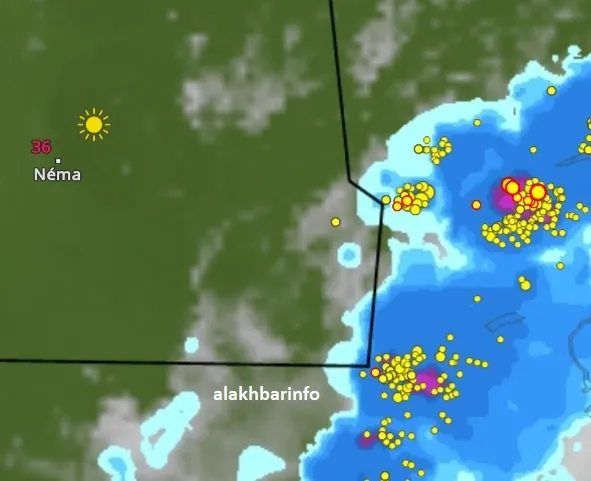 خارطة انتشار السحب الماطرة على الحدود الموريتانية المالية عند الساع