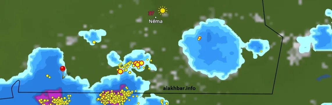 خارطة انتشار السحب الماطرة عند الساعة 16:30، الإشارة عند مدينة جكني