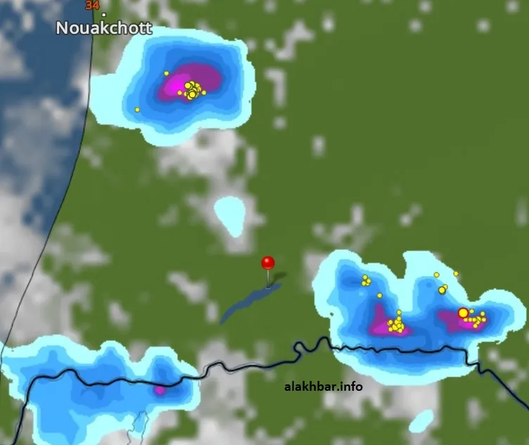 خارطة انتشار سحب ماطرة من خفيفة إلى غزيرة مساء اليوم، الإشارة عند مد?