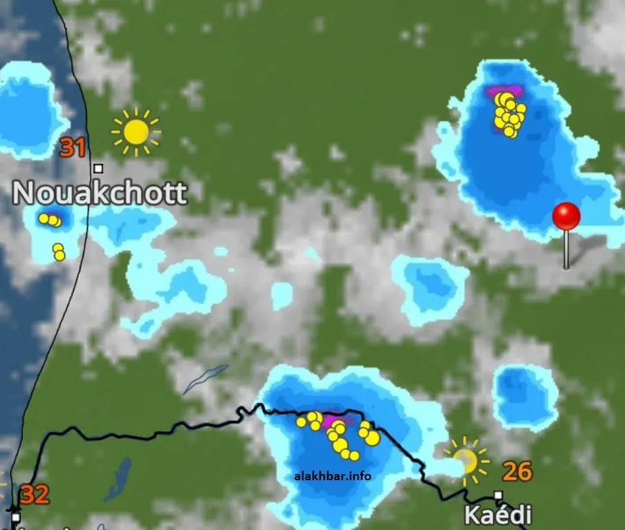 خارطة انتشار السحب الماطرة عند الساعة 16:50، الإشارة عند مكطع الحجار 