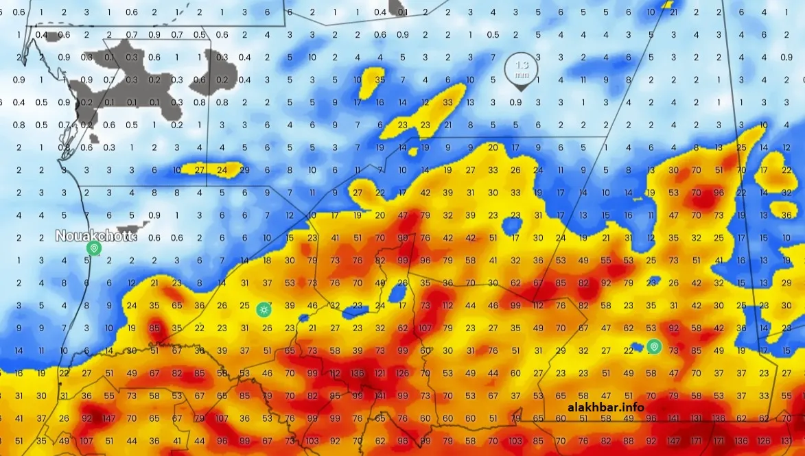 الكمية التراكمية المتوقعة من الأمطار ابتداء من اليوم وحتى 16 أغسطس ال