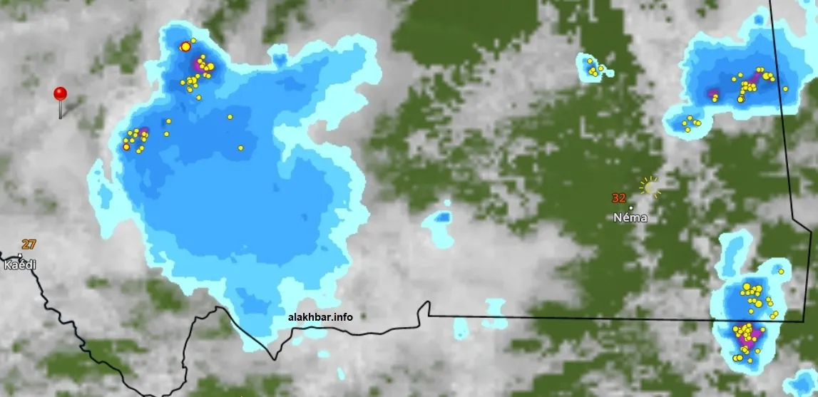 خارطة انتشار السحب الماطرة عند الساعة 11:40، الإشارة عند مكطع الحجار 
