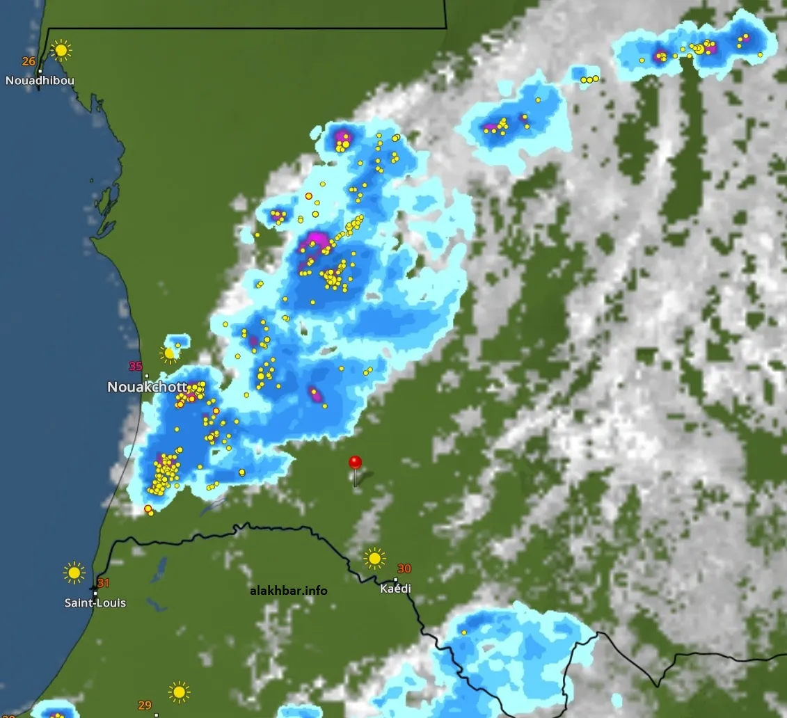 خارطة انتشار السحب الماطرة عند الساعة: 18:30، الإشارة عند مدينة ألاك