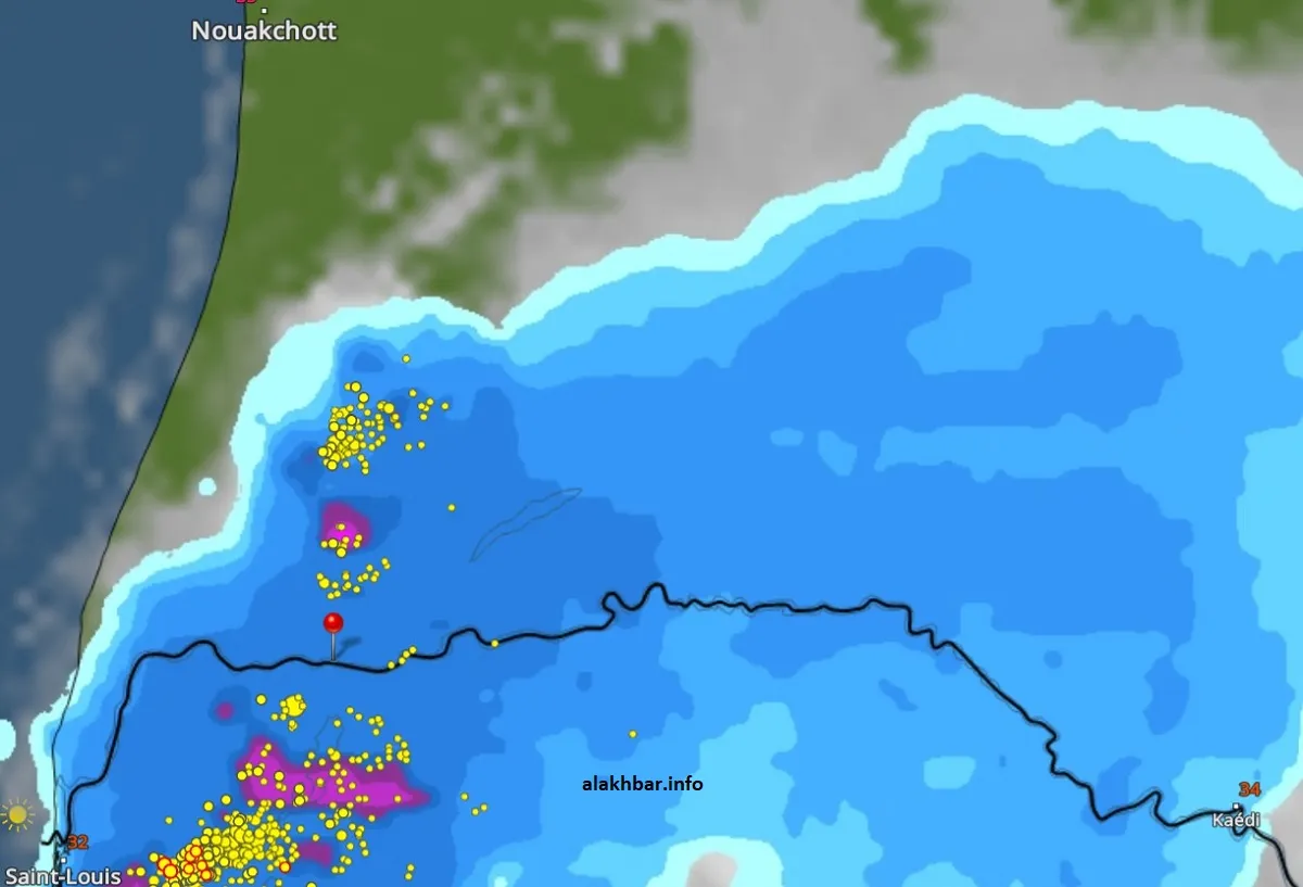 خارطة انتشار السحب الماطرة عند الساعة: 15:07، الإشارة عند مدينة روصو
