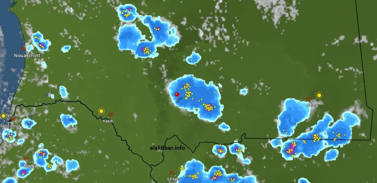 خارطة انتشار السحب الماطرة عند الساعة 17:05، الإشارة عند مدينة كيفة