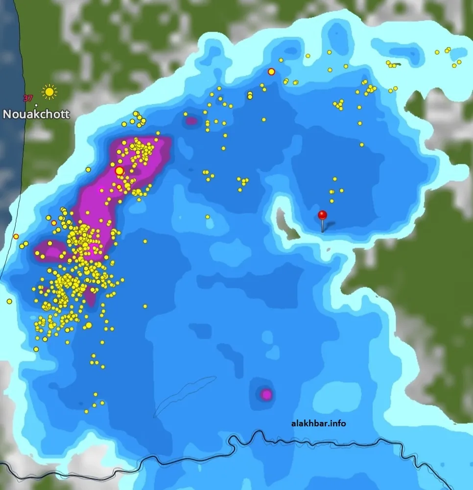 خارطة انتشار السحب الماطرة ظهر اليوم على ولاية الترارزة عند الساعة: 1