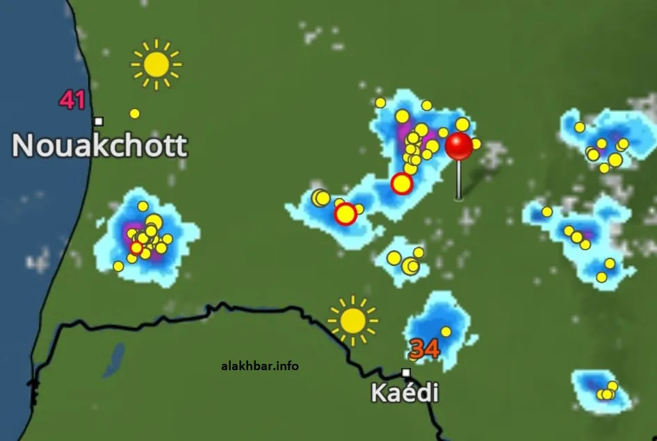 خارطة انتشار السحب الماطرة عند الساعة 16:32، الإشارة عند مدينة مكطع ال?